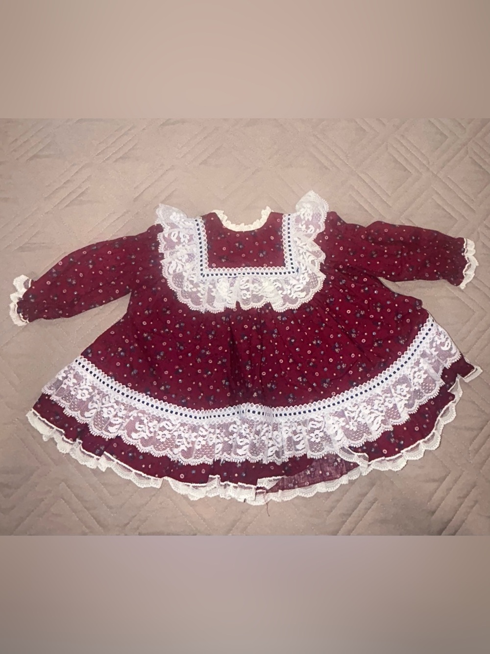 Vintage Bryan Baby Dress Burgandy & White Lace Full Circle Size 12 Months 1980s